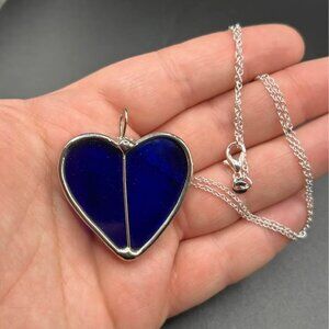 Large Blue Glass Heart with 925 Sterling Silver marked Chain